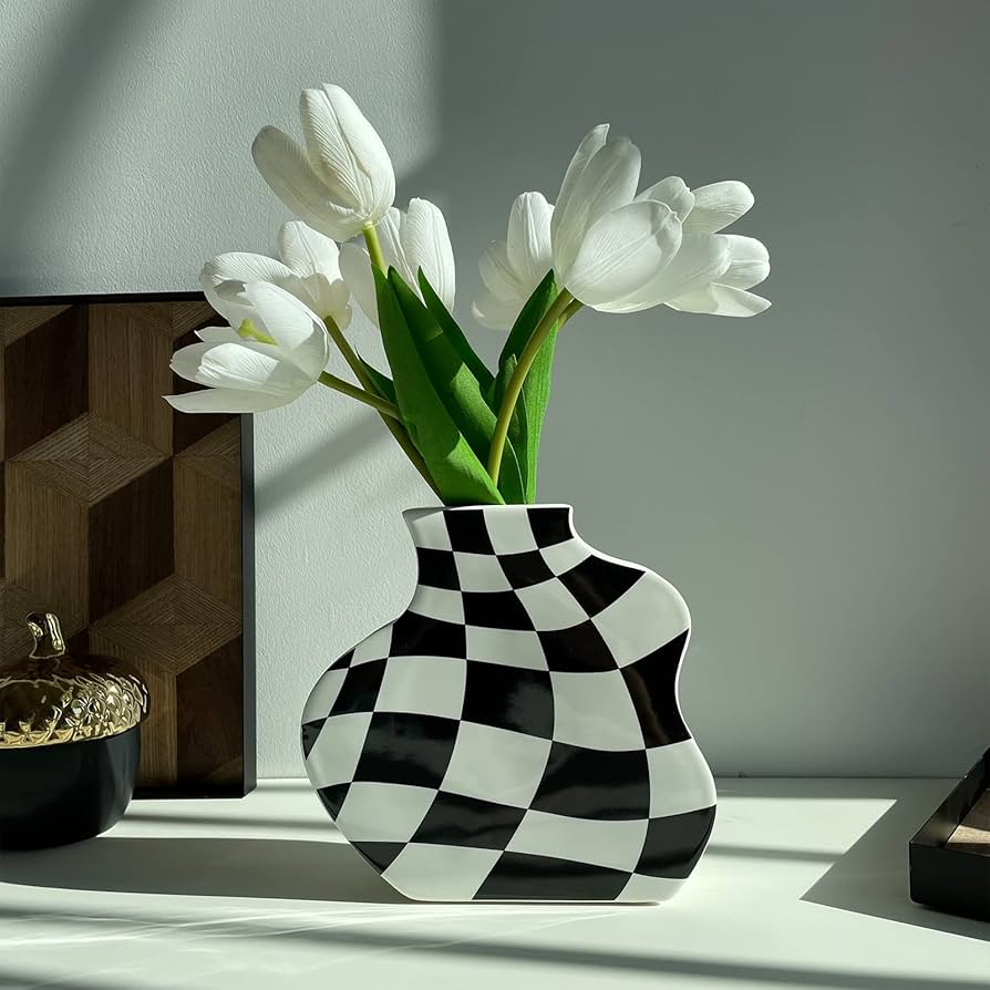 BUICCE Modern Black and White Checkered Ceramic Flower Vase, Cute